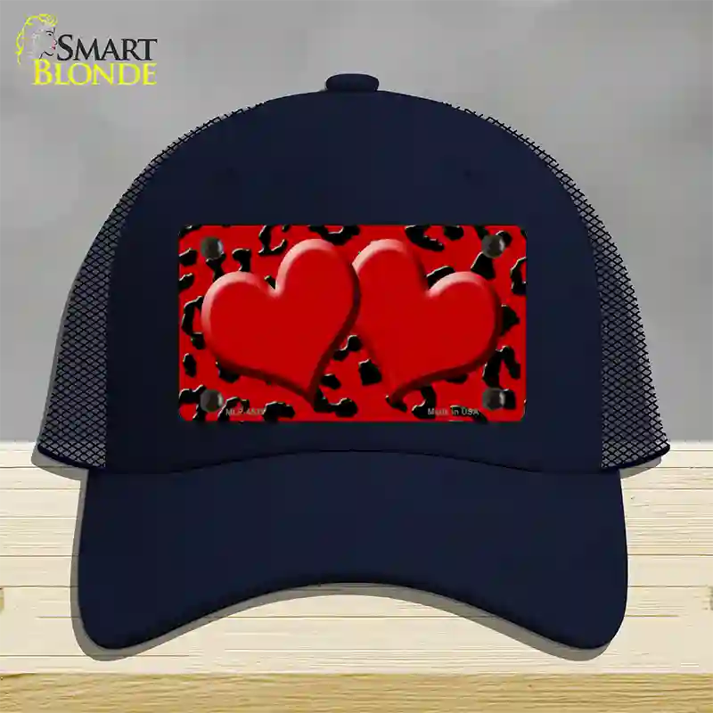 Red Black Cheetah Red Center Hearts Novelty License Plate Hat Mesh / Navy