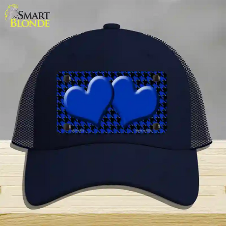 Blue Black Houndstooth Blue Center Hearts Novelty License Plate Hat Mesh / Navy