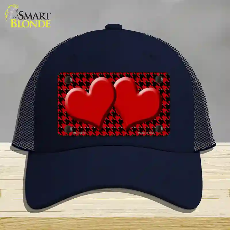 Red Black Houndstooth Red Center Hearts Novelty License Plate Hat Mesh / Navy