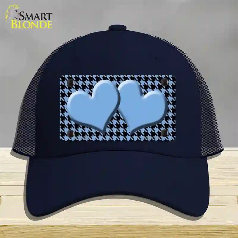 Light Blue Black Houndstooth Light Blue Center Hearts Novelty License Plate Hat Mesh / Navy