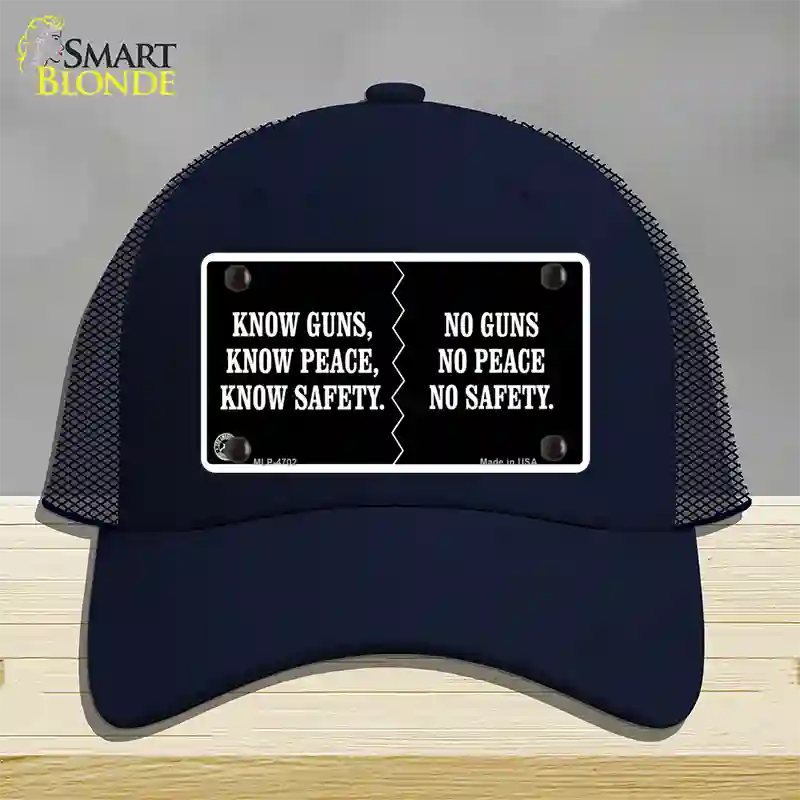 Know Guns, Know Peace, Know Safety Novelty License Plate Hat Mesh / Navy