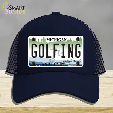 Golfing Michigan State Novelty License Plate Hat Mesh / Navy