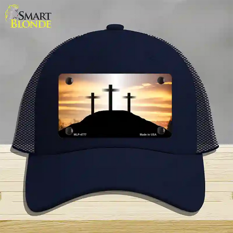 Three Crosses Sunset Novelty License Plate Hat Mesh / Navy