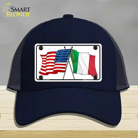 United States Italy Crossed Flags Novelty License Plate Hat Mesh / Navy