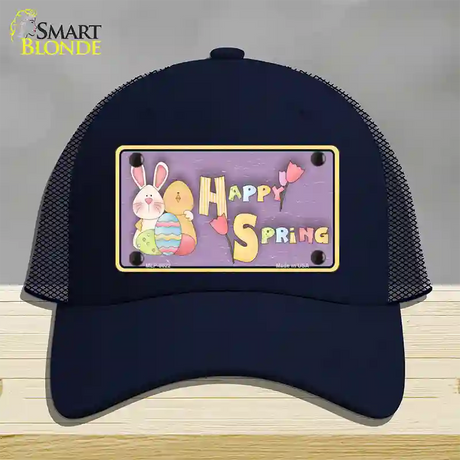 Happy Spring Yellow Novelty License Plate Hat Mesh / Navy