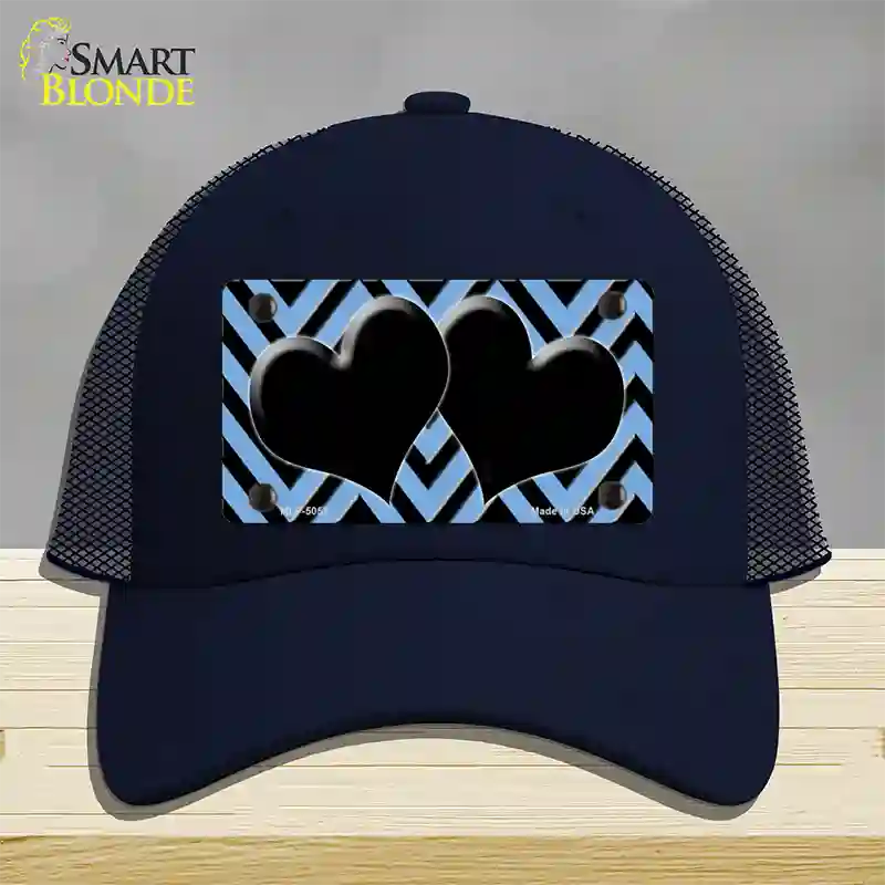 Light Blue Black Chevon Hearts Novelty License Plate Hat Mesh / Navy