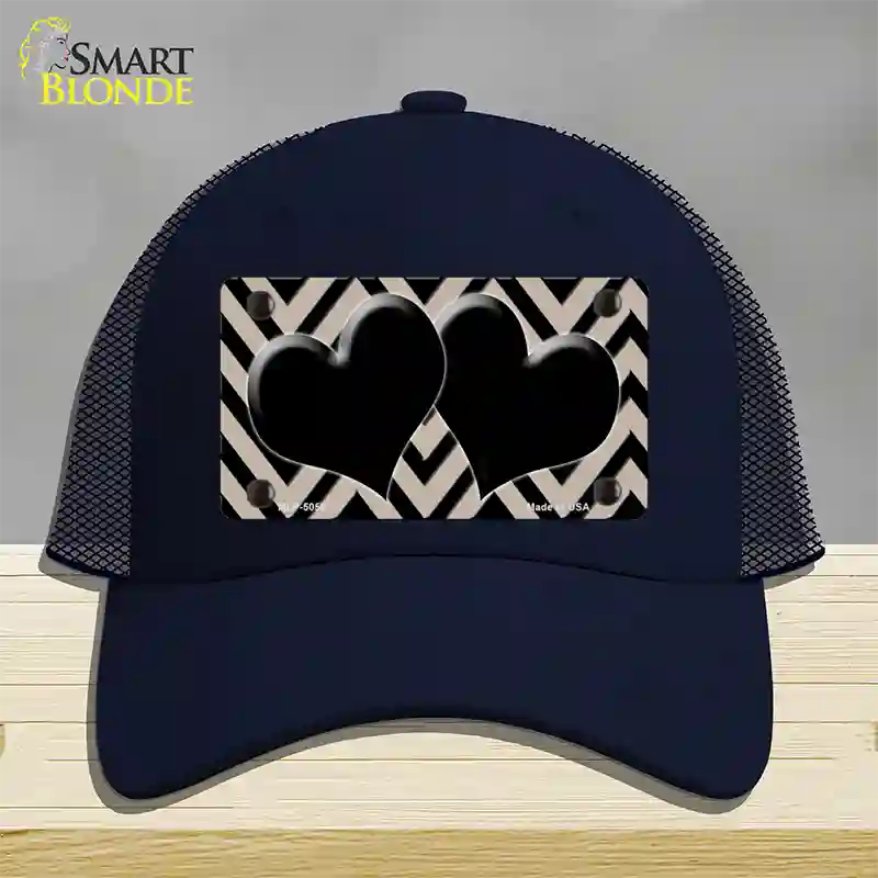 Tan Black Chevon Hearts Novelty License Plate Hat Mesh / Navy