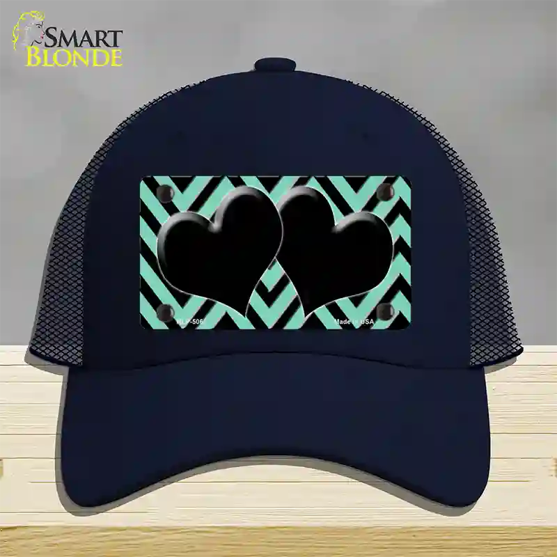 Mint Black Chevon Hearts Novelty License Plate Hat Mesh / Navy