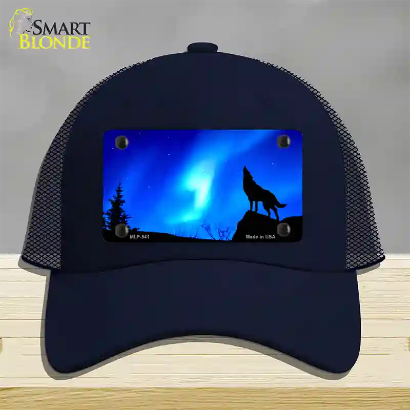 Wolf Howling Novelty License Plate Hat Mesh / Navy