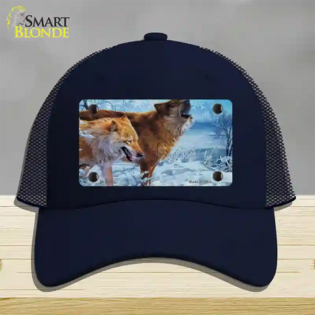 Wintertime Wolf Novelty License Plate Hat Mesh / Navy