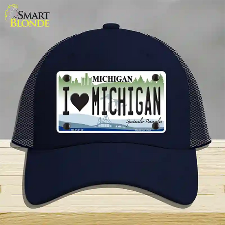 I Love Michigan Novelty License Plate Hat Mesh / Navy