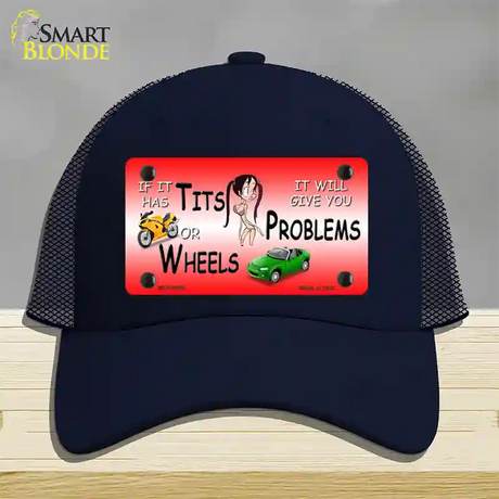 Tits Or Wheels Red Novelty License Plate Hat Mesh / Navy