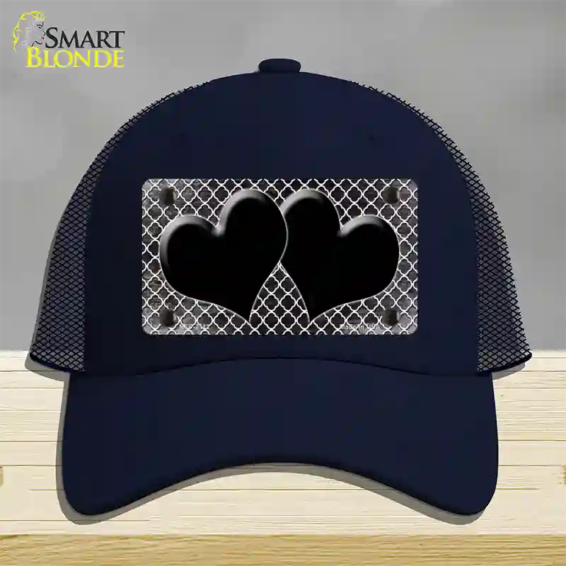 Black White Quatrefoil Hearts Oil Rubbed Novelty License Plate Hat Mesh / Navy