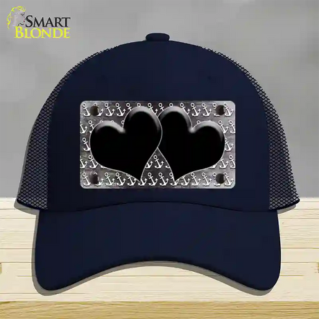 Black White Anchor Hearts Oil Rubbed Novelty License Plate Hat Mesh / Navy