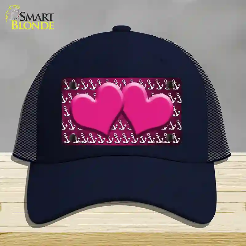 Pink White Anchor Hearts Oil Rubbed Novelty License Plate Hat Mesh / Navy