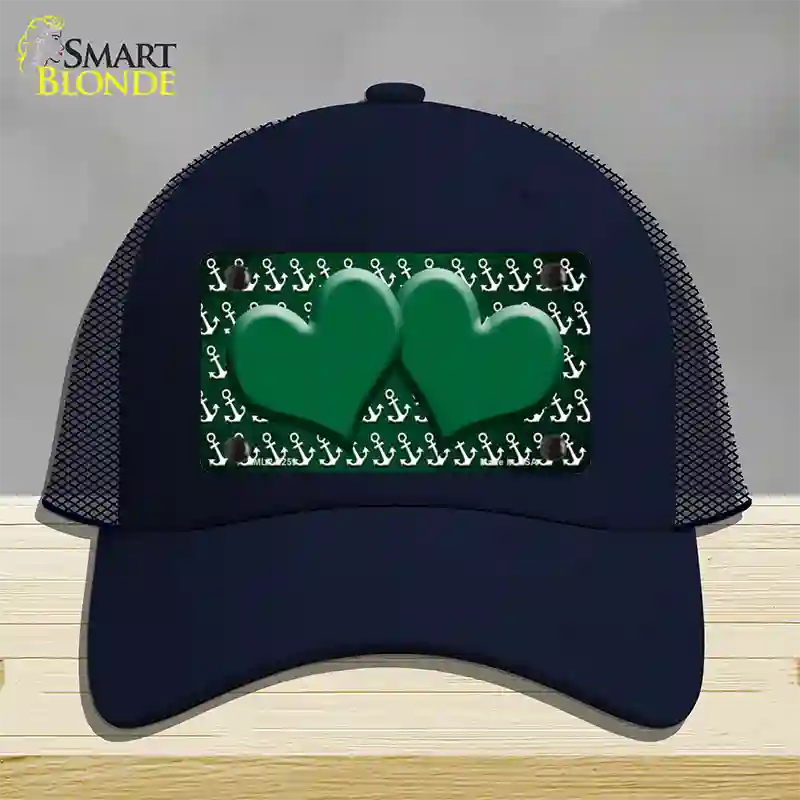 Green White Anchor Hearts Oil Rubbed Novelty License Plate Hat Mesh / Navy