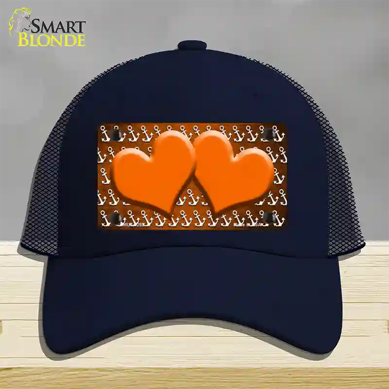 Orange White Anchor Hearts Oil Rubbed Novelty License Plate Hat Mesh / Navy