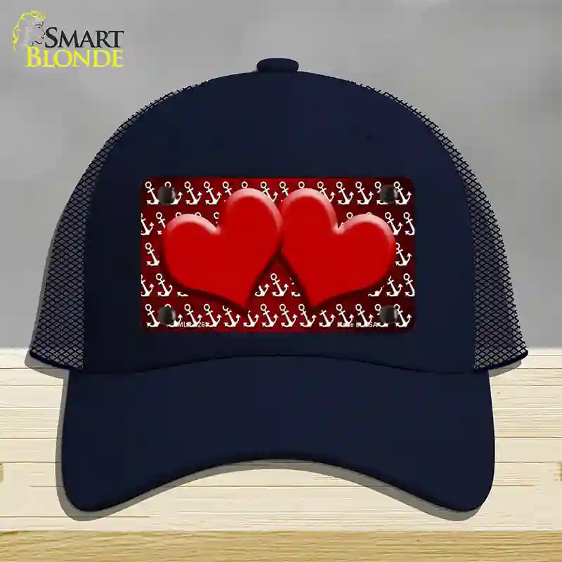 Red White Anchor Hearts Oil Rubbed Novelty License Plate Hat Mesh / Navy