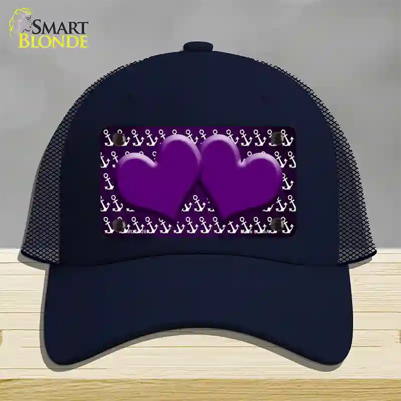 Purple White Anchor Hearts Oil Rubbed Novelty License Plate Hat Mesh / Navy