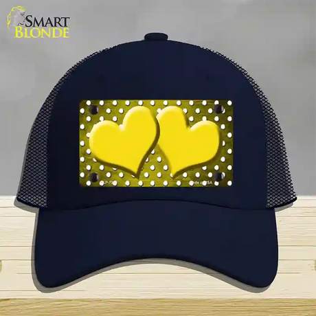 Yellow White Small Dots Hearts Oil Rubbed Novelty License Plate Hat Mesh / Navy