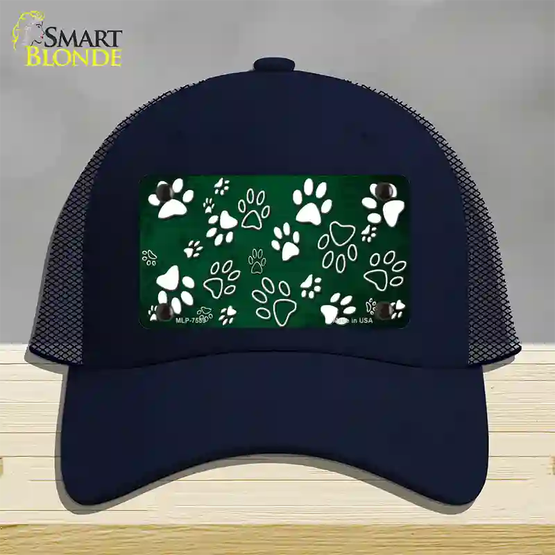 Green White Paw Oil Rubbed Novelty License Plate Hat Mesh / Navy