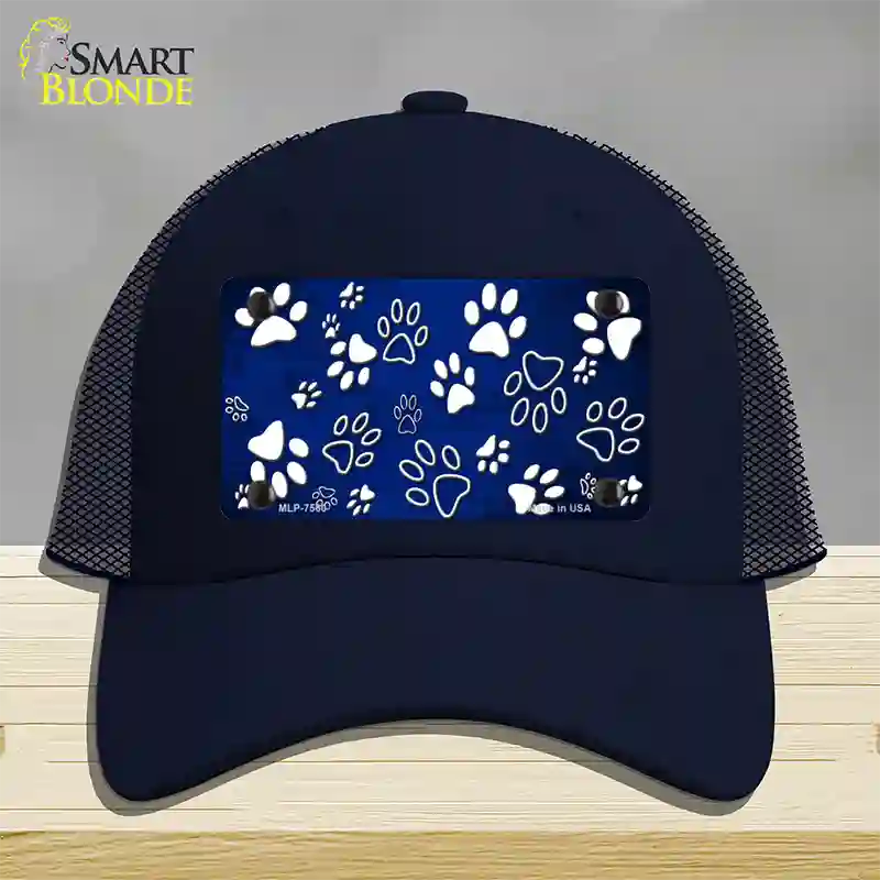 Blue White Paw Oil Rubbed Novelty License Plate Hat Mesh / Navy