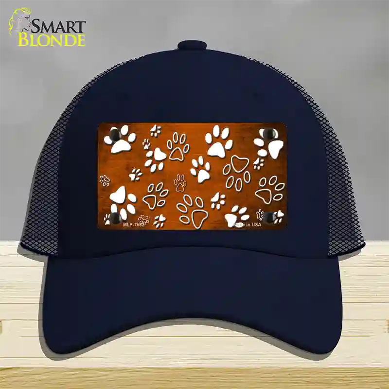 Orange White Paw Oil Rubbed Novelty License Plate Hat Mesh / Navy