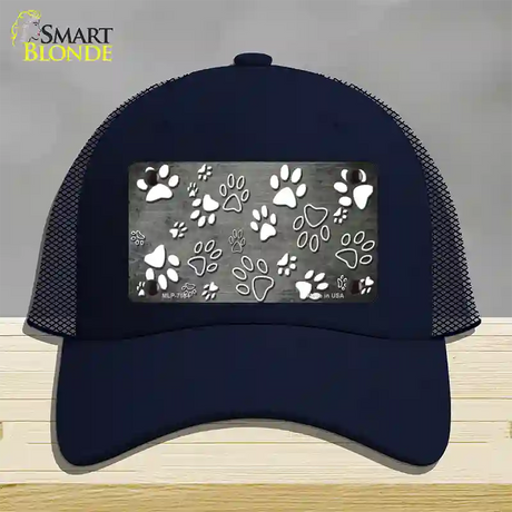 Gray White Paw Oil Rubbed Novelty License Plate Hat Mesh / Navy