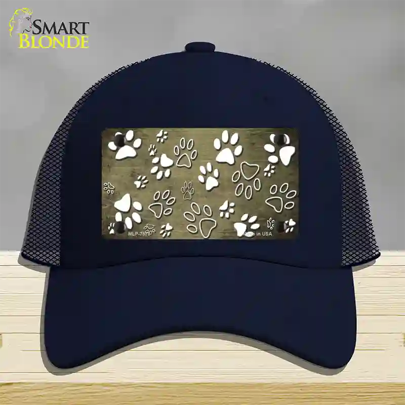 Gold White Paw Oil Rubbed Novelty License Plate Hat Mesh / Navy