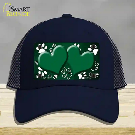 Paw Heart Green White Novelty License Plate Hat Mesh / Navy