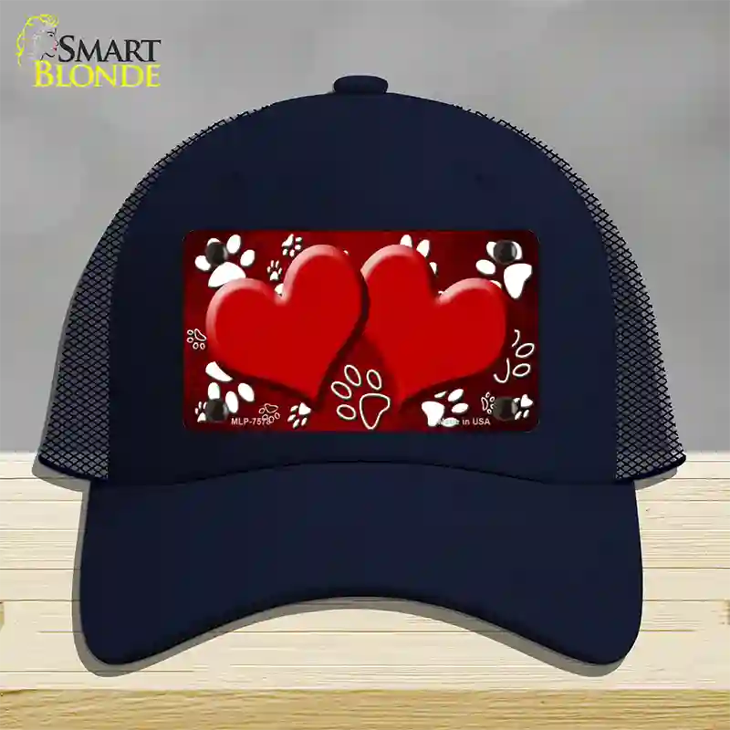 Paw Heart Red White Novelty License Plate Hat Mesh / Navy