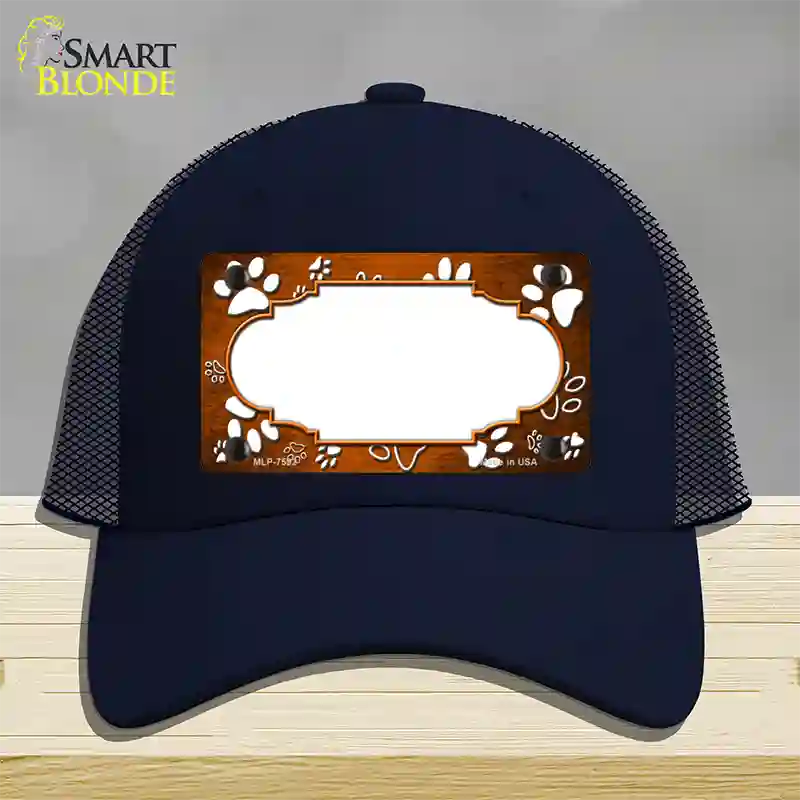 Paw Scallop Orange White Novelty License Plate Hat Mesh / Navy