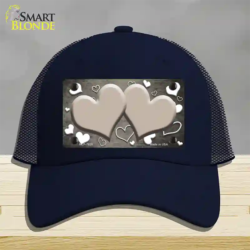 Tan White Love Hearts Oil Rubbed Novelty License Plate Hat Mesh / Navy