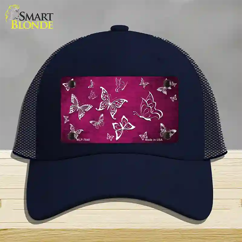 Pink White Butterfly Oil Rubbed Novelty License Plate Hat Mesh / Navy