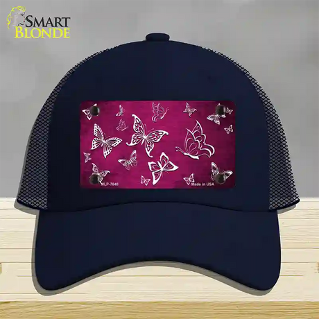 Pink White Butterfly Oil Rubbed Novelty License Plate Hat Mesh / Navy