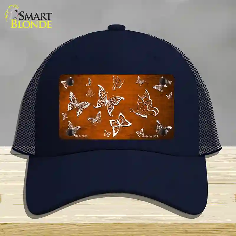 Orange White Butterfly Oil Rubbed Novelty License Plate Hat Mesh / Navy