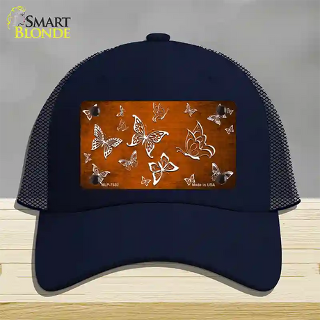 Orange White Butterfly Oil Rubbed Novelty License Plate Hat Mesh / Navy