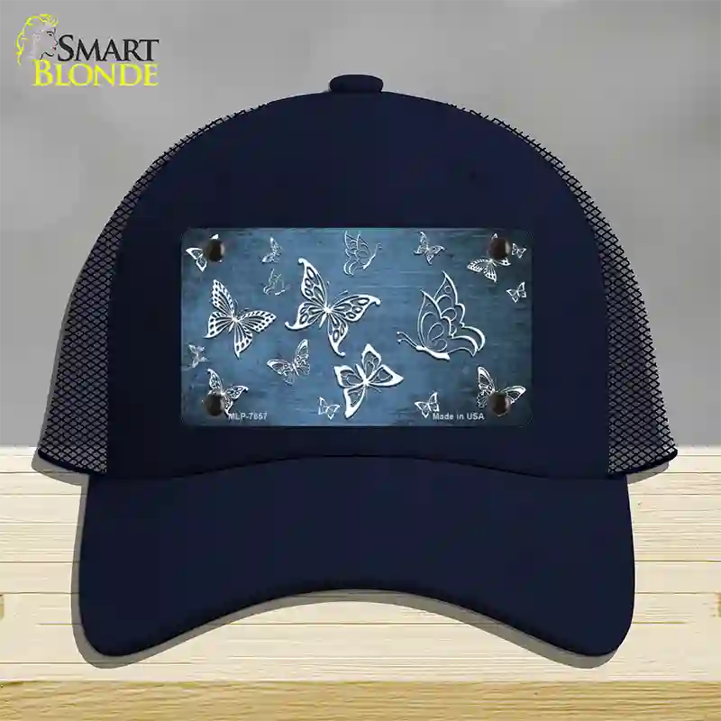 Light Blue White Butterfly Oil Rubbed Novelty License Plate Hat Mesh / Navy