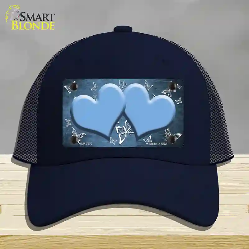 Light Blue White Hearts Butterfly Oil Rubbed Novelty License Plate Hat Mesh / Navy