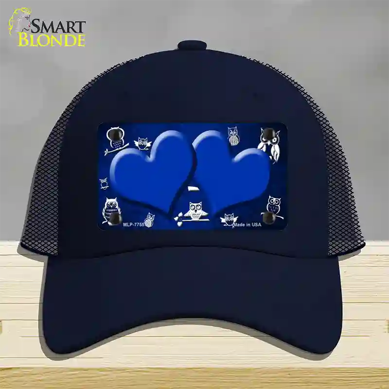 Blue White Owl Hearts Oil Rubbed Novelty License Plate Hat Mesh / Navy