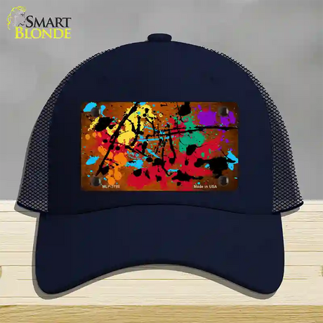 Orange Splatter Oil Rubbed Novelty License Plate Hat Mesh / Navy