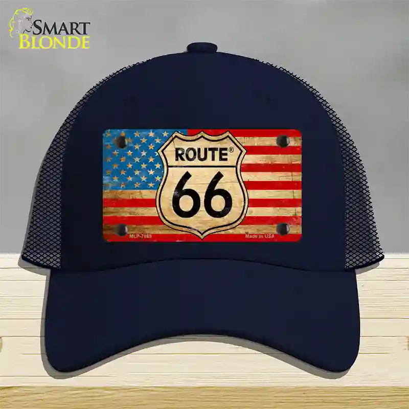 Route 66 American Flag Novelty License Plate Hat Mesh / Navy