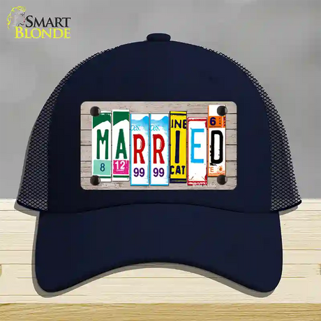 Married Wood License Plate Art Novelty License Plate Hat Mesh / Navy