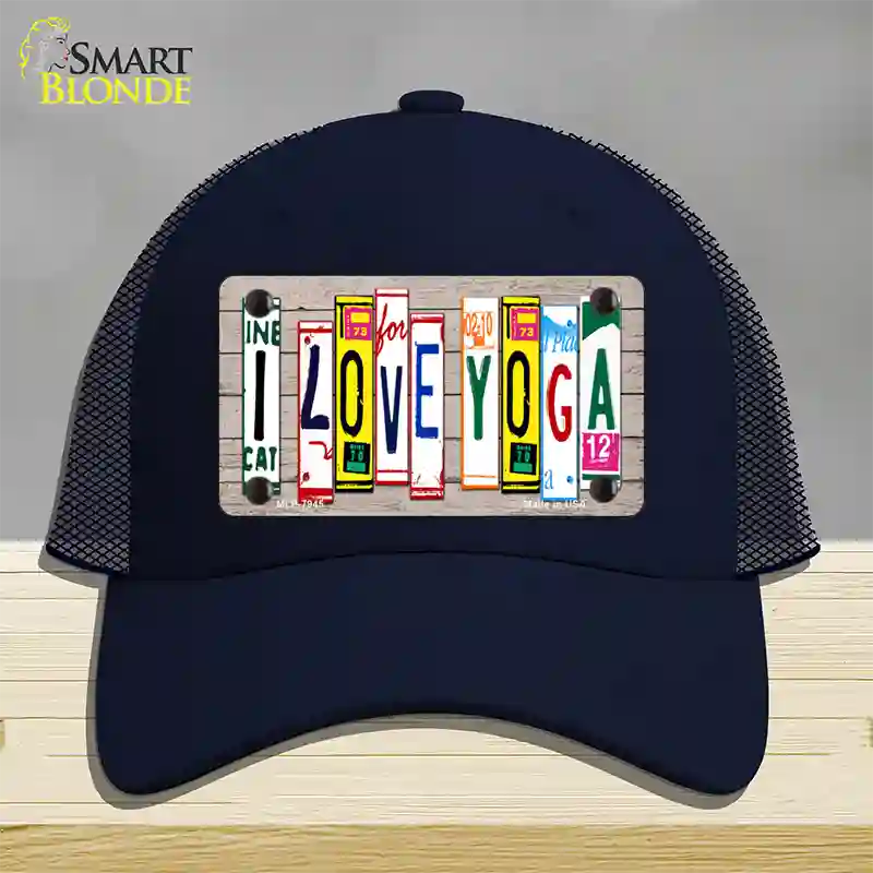 I Love Yoga Wood License Plate Art Novelty License Plate Hat Mesh / Navy