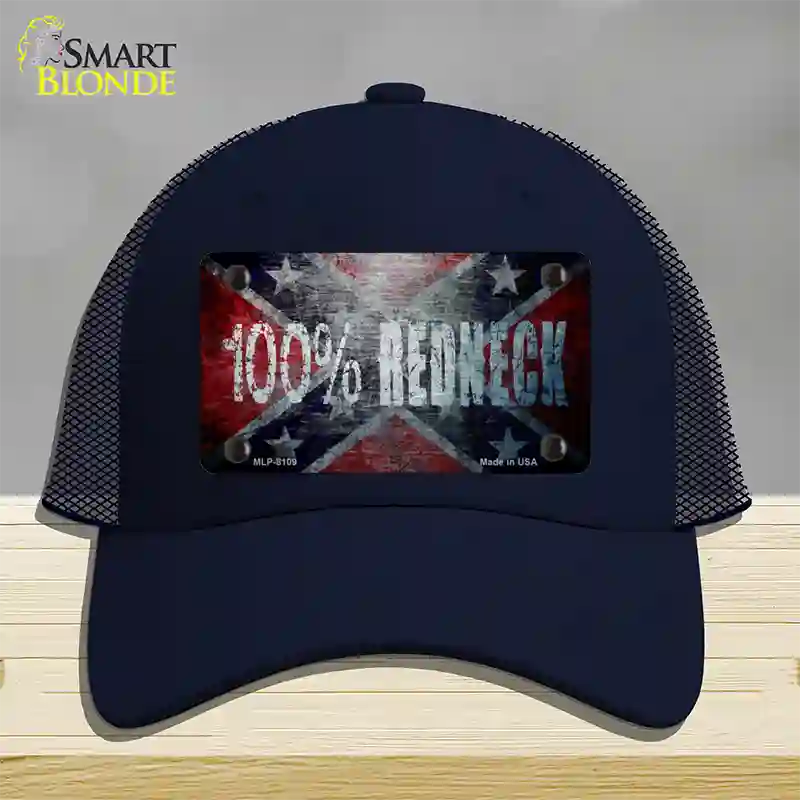 100% Redneck Confederate Novelty License Plate Hat Mesh / Navy