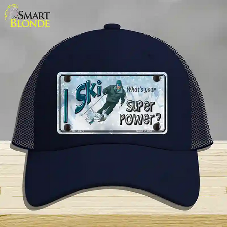 I Ski What's Your Super Power Male Novelty License Plate Hat Mesh / Navy