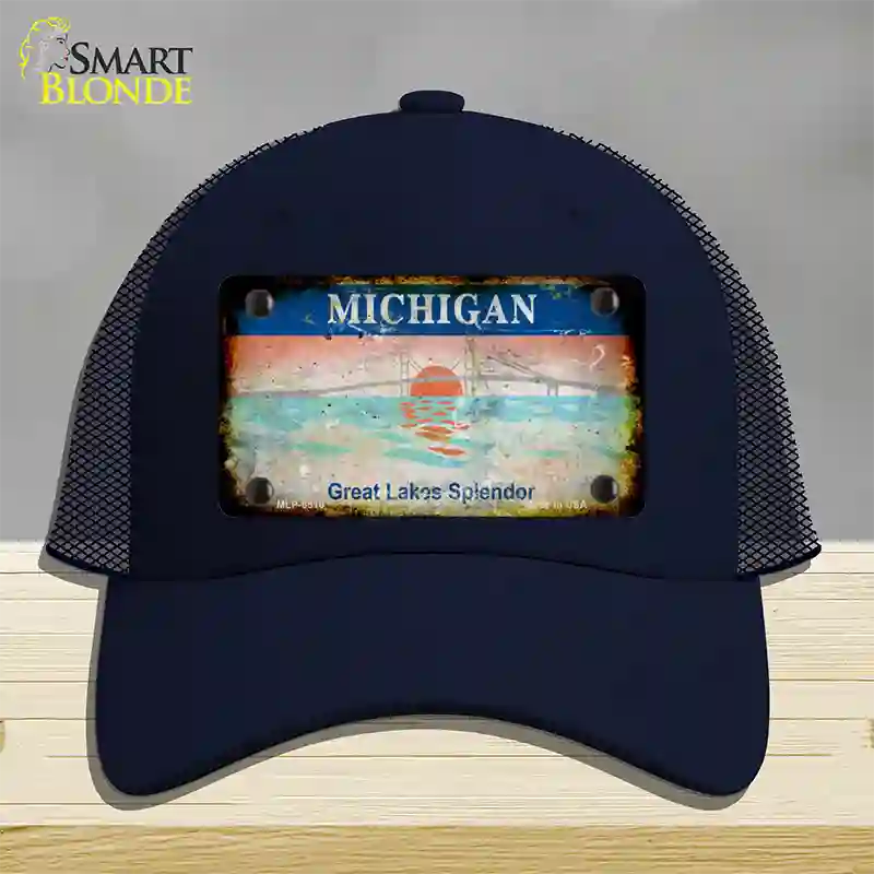 Michigan Rusty State Novelty License Plate Hat Mesh / Navy