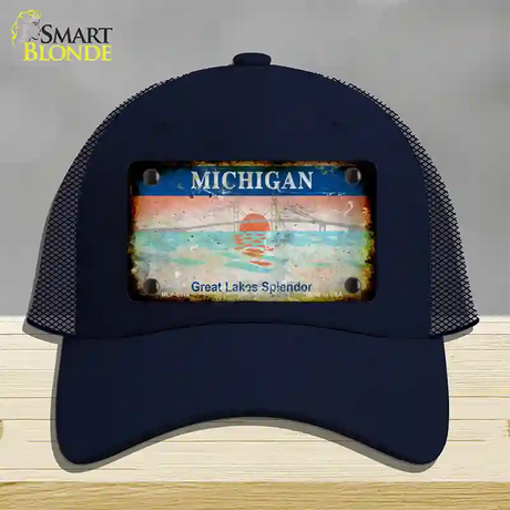 Michigan Rusty State Novelty License Plate Hat Mesh / Navy