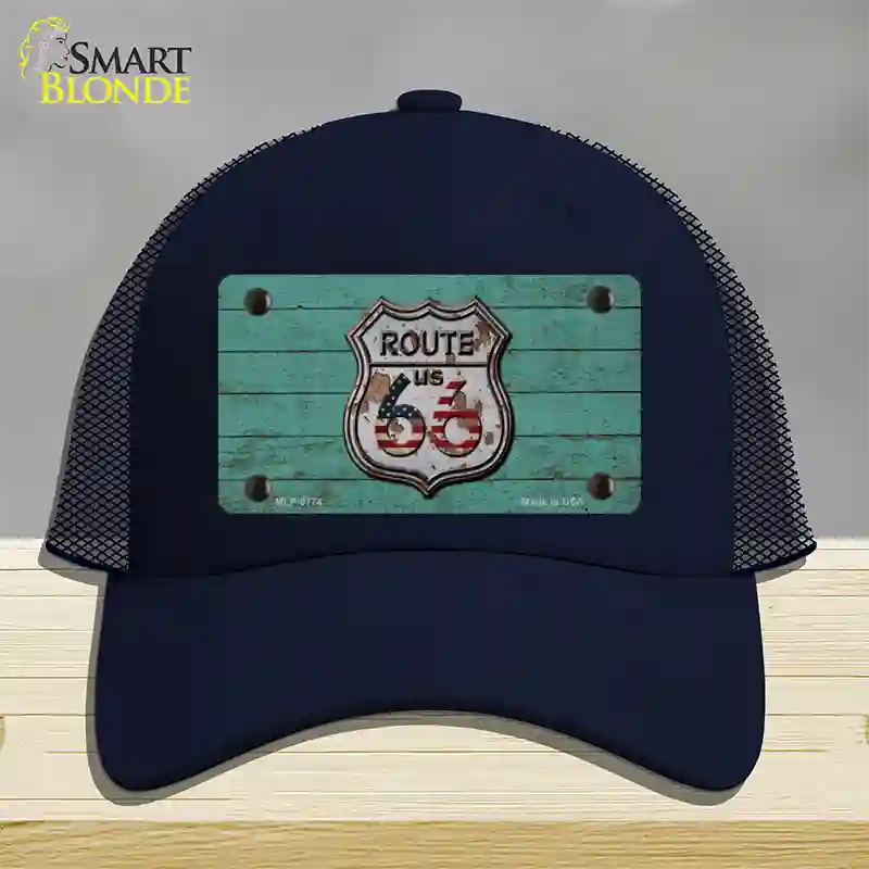 Route 66 Rusty On Wood Novelty License Plate Hat Mesh / Navy