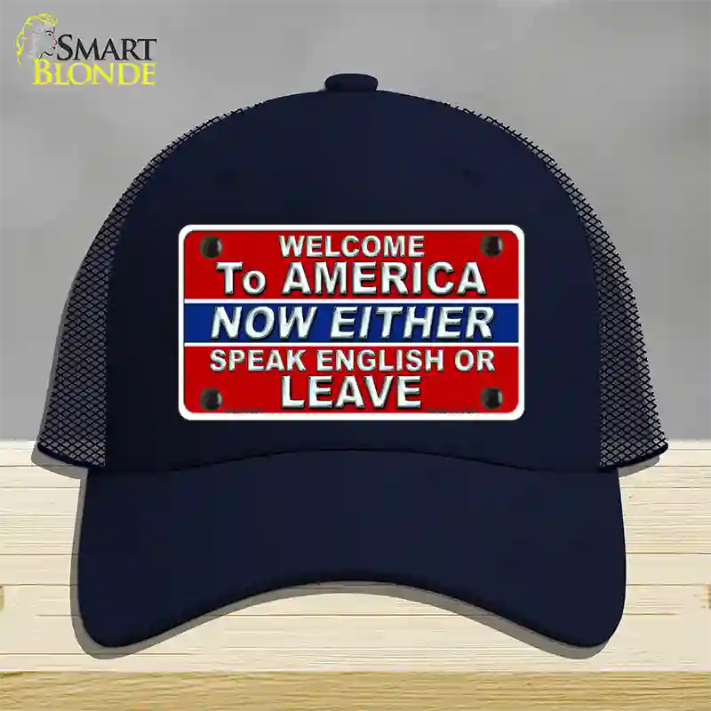 Speak English Or Leave Novelty License Plate Hat Mesh / Navy